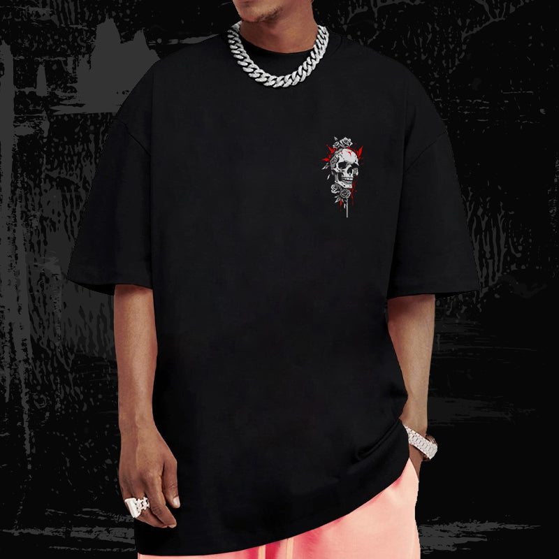Skull With Roses Oversized T-Shirt – Black
