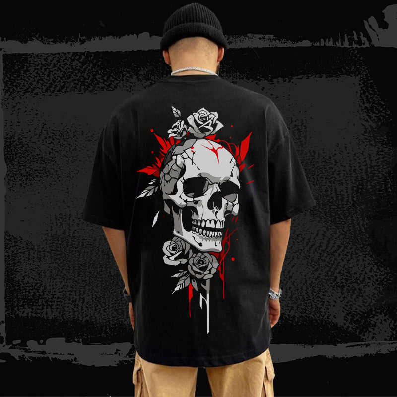 Skull With Roses Oversized T-Shirt – Black