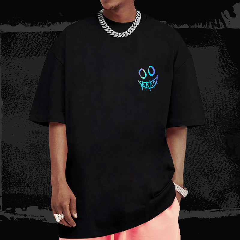 Reflective Halloween Smiley Face Oversized T-Shirt – Black